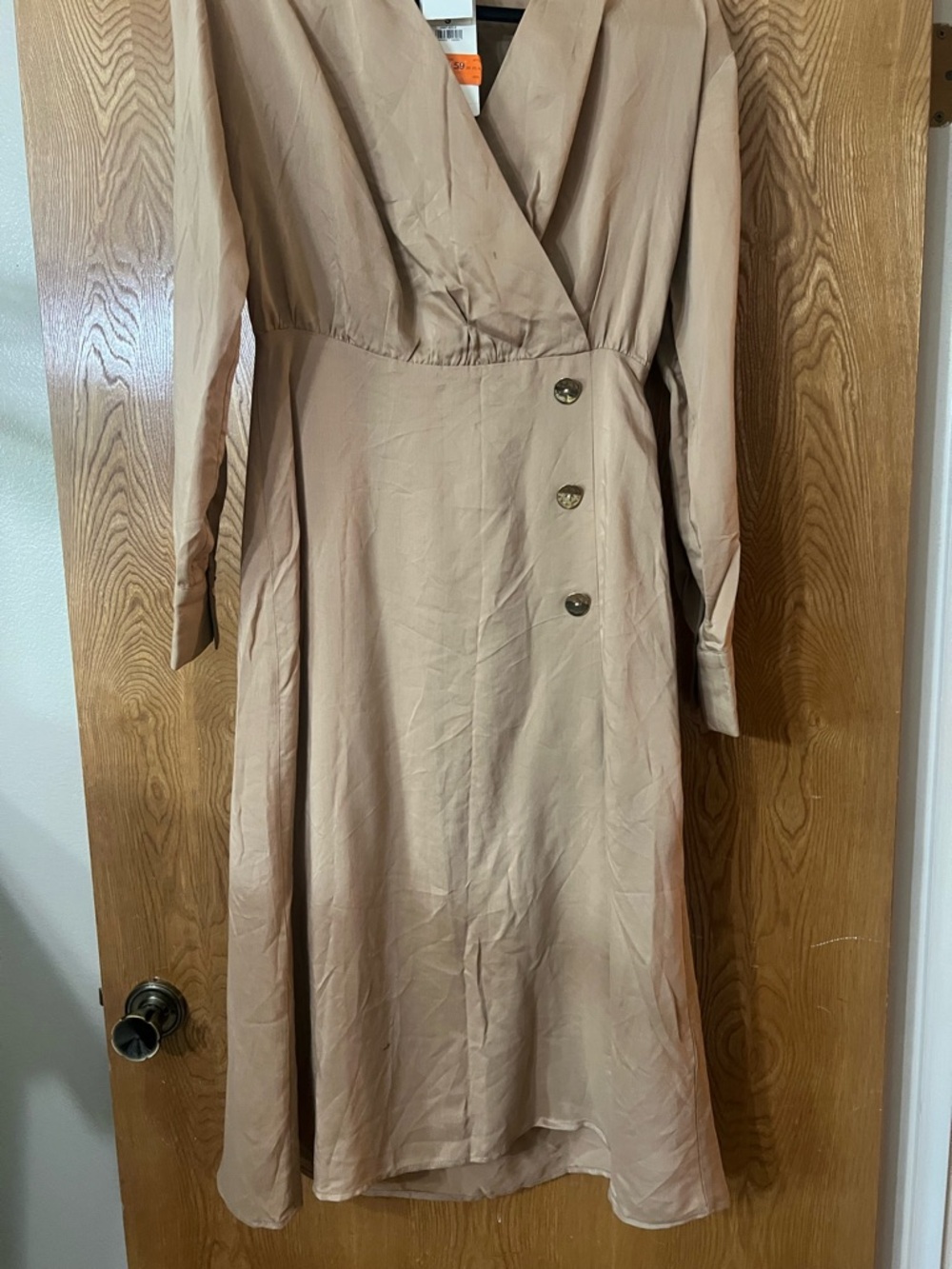 Reserved Taupe Long Sleeve Wrap Midi Dress with Button Accents